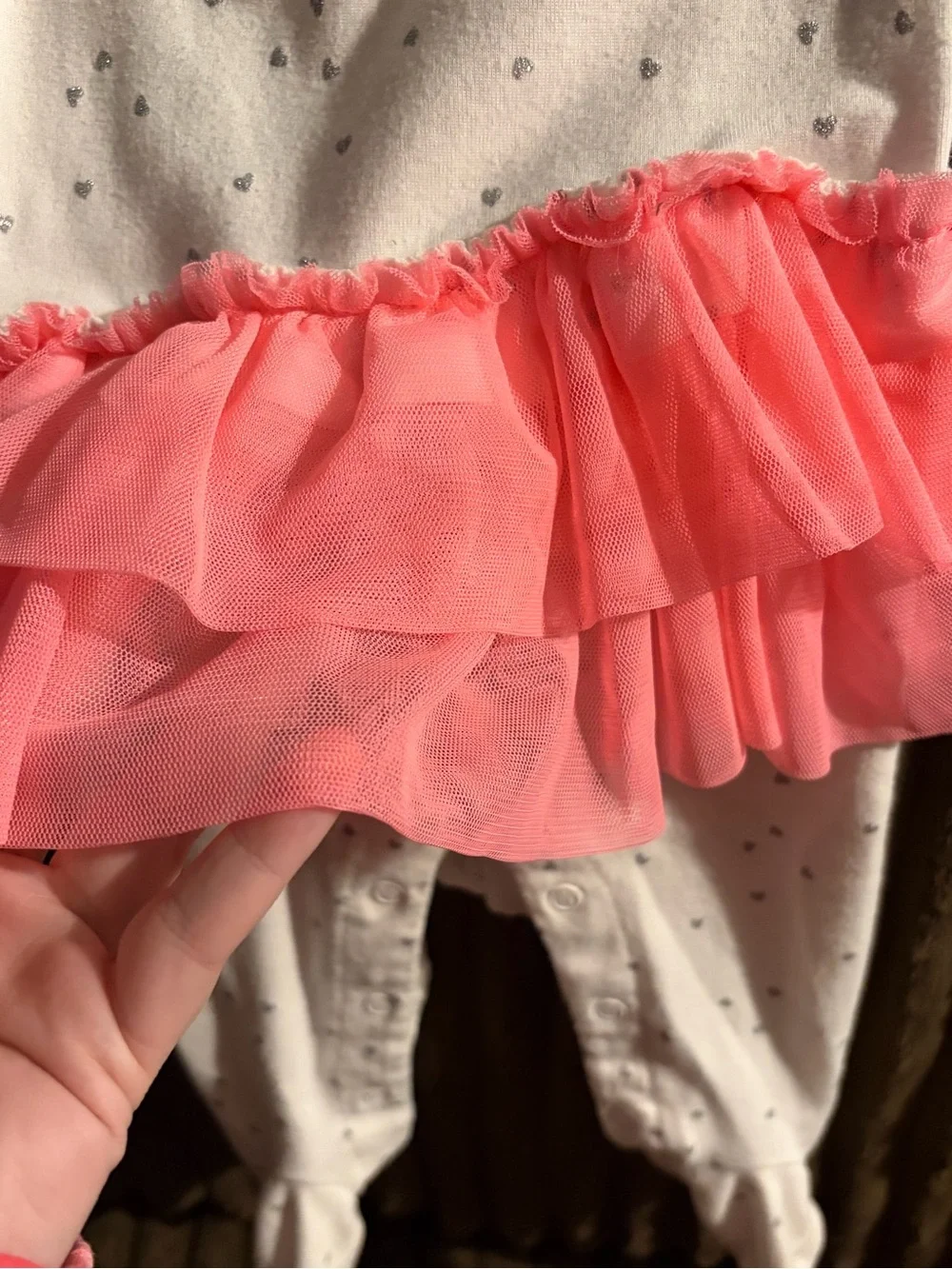 White Baby Footed Ruffle Romper with Pink Heart